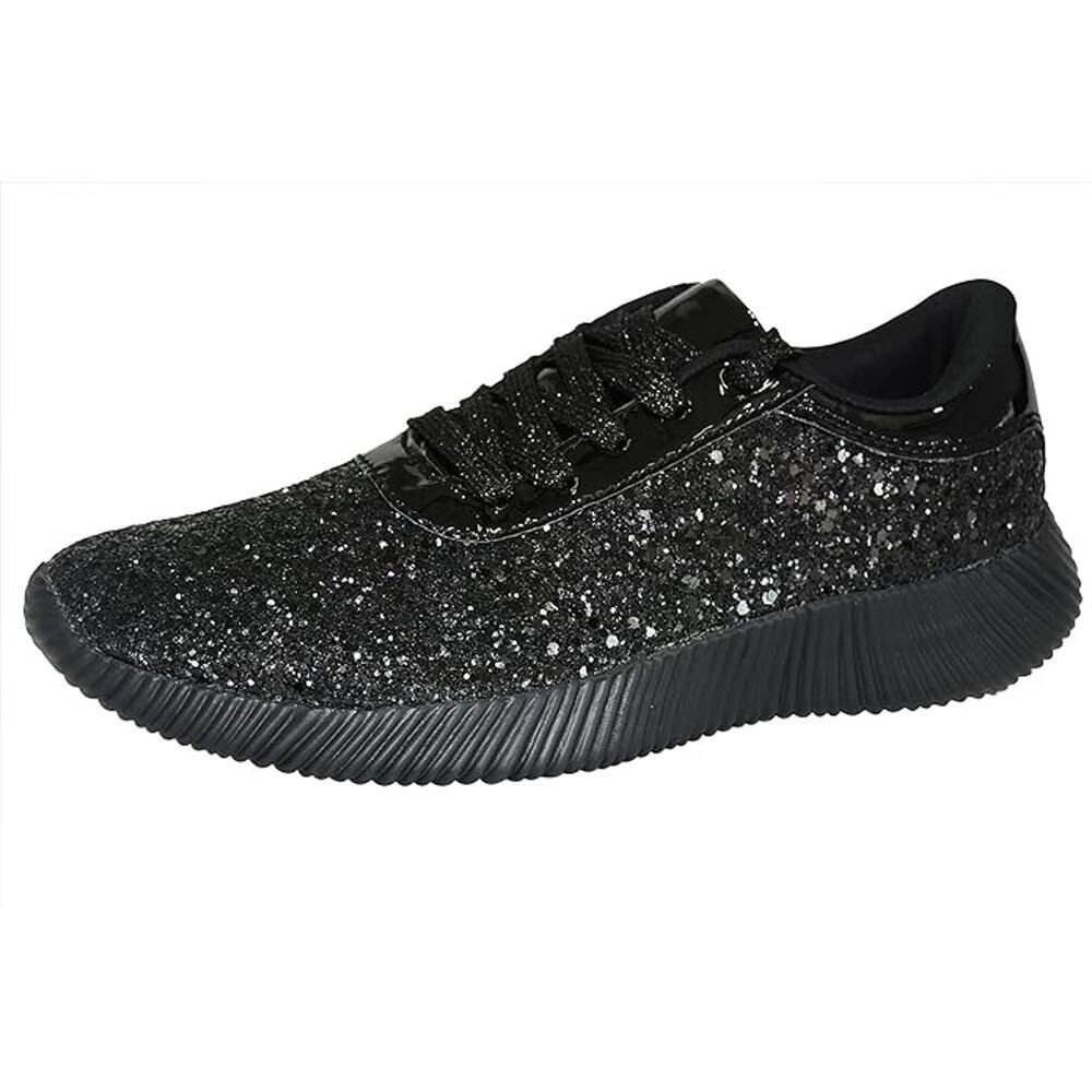 Women Glitter Lace-Up Shoes Metallic Lightweight Sneakers (Black, 7 B(M) US)